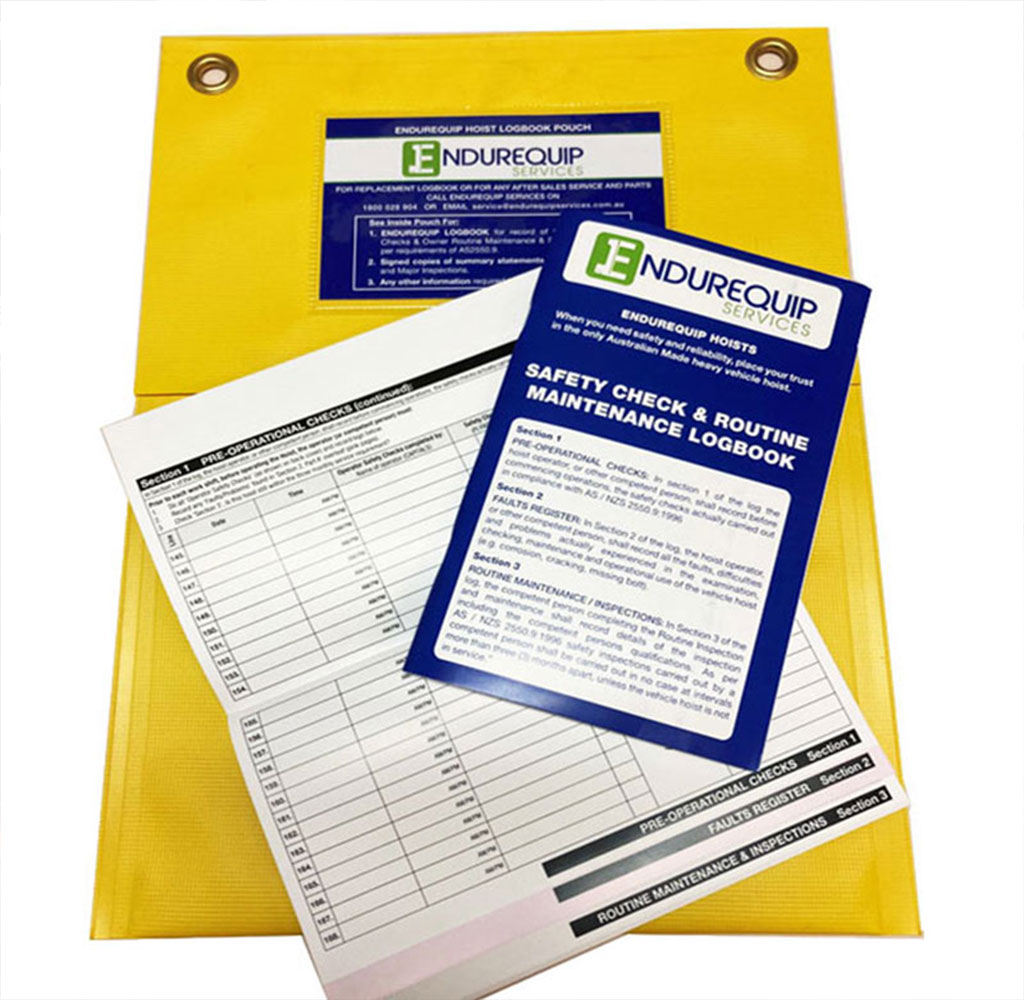 Safety Check and Routine Maintenance Logbook provided by Endurequip Services when servicing Endurequip Hoists Sumner.